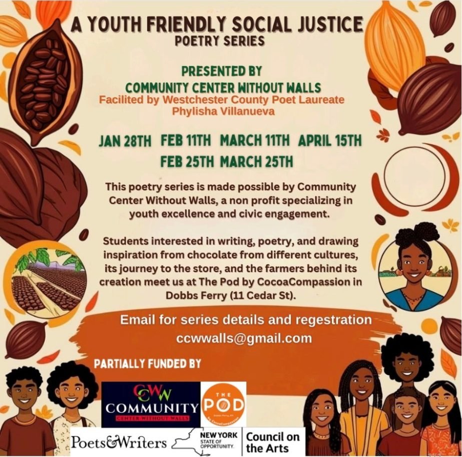 Flyer: A Youth Friendly Social Justice Poetry Series, presented by Community Center Without Walls
